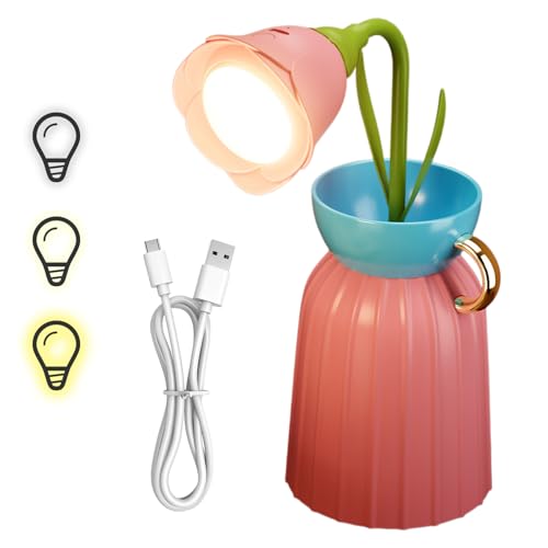 Elitecran Lampada da Tavolo LED senza Fili Rosa a Forma di Fiore, 3 Livelli di Luminosità Dimmerabile Lampada da Comodino, Con Cavo di Ricarica USB, Ricaricabile per Camera da Letto Comodino Ufficio