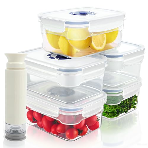Frischhaltedosen mit Deckel Set, Auslaufsicher & Vakuum Behältern mit Pumpe, BPA Frei, Meal Prep Boxen mit Datumsanzeige, Stapelbar, Mikrowellengeeignet, 100% Luftdicht für Frische, 5x1000ml, Blau