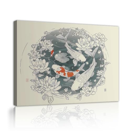 レトロな鯉の池キャンバスウォールアート和風壁画蓮の花禅アートワークプリントポスター絵画リビングルーム寝室の装飾90x120cmインナーフレーム