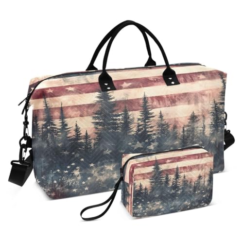 American Flag Star Tree Travel Duffle Bag Gym Bag Weekender Bags with Toiletry Bag Travel Trip Tote Bag