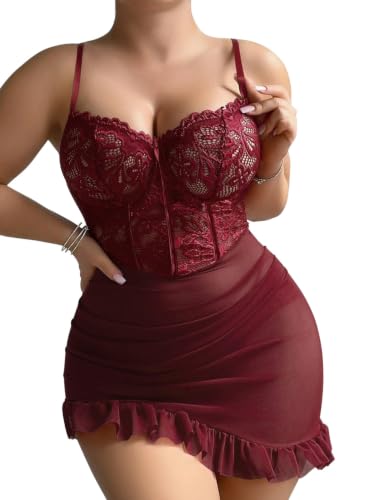 Image of Foxiny Underwire Lace Ruched Bodycon Lingerie Dress Kit | Unlined cups, four-way stretch mesh, adjustable straps and asymmetric ruffle hem define the waist-to-hip line; matching thong