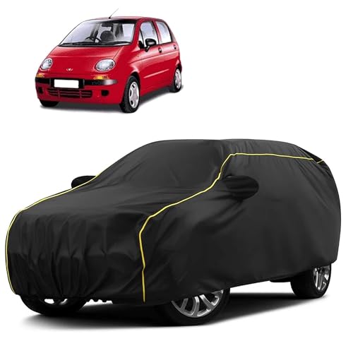 Image of Sulfar 100% Water Resistant Car Body Cover Compatible with Mirror for Daewoo Matiz (Triple Stitched, Full Bottom Elastic, Black Taffeta with Yellow Piping)
