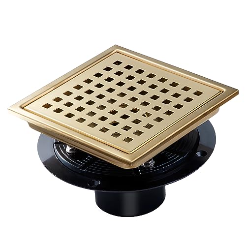 SaniteModar Shower Drain 6 inch Brushed Gold with Flange -Grid Panel