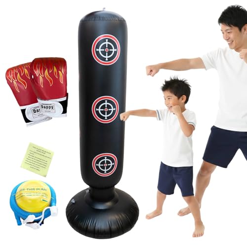 サンドバッグ 自宅用 自立型 子供 パンチングマシーン 黒｜ストレス発散・運動不足解消｜6歳から 男の子 女の子 親子で使える【現役プロボクサー推薦】パンチ名人【空気入れ＆補修テープ付】 (サンドバック黒＋専用グローブ赤)（Amazon）