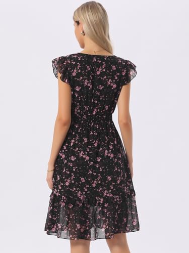 Image of Allegra K Women's Floral Dress Spring Summer V Neck Flutter Sleeve Ruffle Casual Smocked Knee Length Dresses