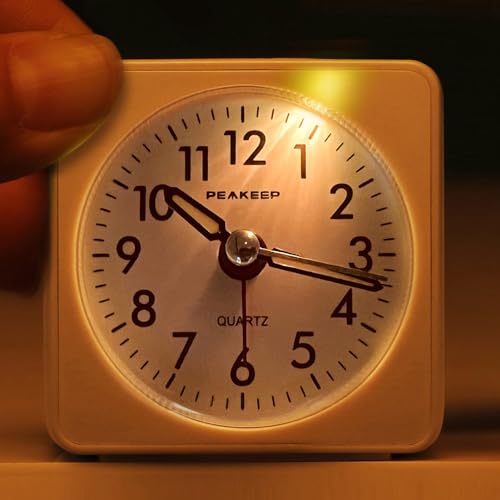 Image of Peakeep Ultra Small, Battery Travel Alarm Clock with Snooze and Light | Silent No Ticking Analog Quartz Clock (White)