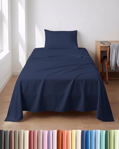 Image of Lightweight 3 Piece Bed Sheet Set Twin Size - Cooling Sheets for Hot Sleepers - Soft Breathable Bedding Set w / 8-16 Inch Deep Pockets - 1 Flat & 1 Fitted & 1 Pillowcase - Wrinkle Resistant - Navy Blue