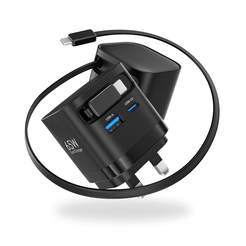 65W USB C Charger with Retractable USB C Cable, 3-Port GaN Fast Charger Plug UK Power Adapter for MacBook Pro/Air, for iPhone 17/16/15 Pro Max Series, for iPad air/Pro, Laptop, Galaxy and More, Black