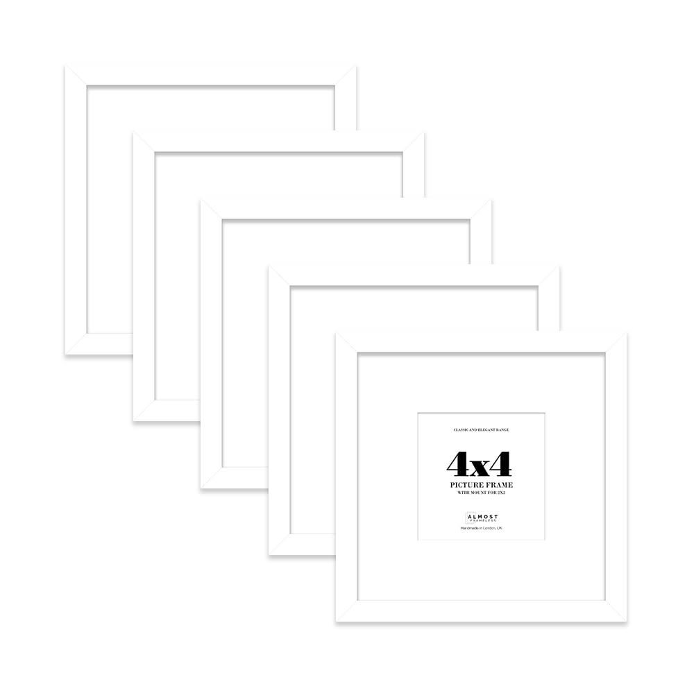 4x4 White Picture Frame with Mount for 2x2 Photos, Prints - Modern Square Wall Frame, Set of 5