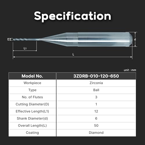 Image of Diamond-Coated Milling Bur 1mm - Compatible with ZIRKONZAHN M1 CAD /CAM Systems for Zirconia, 3-Flute Ball Endmill, 6mm Shank, Long Life