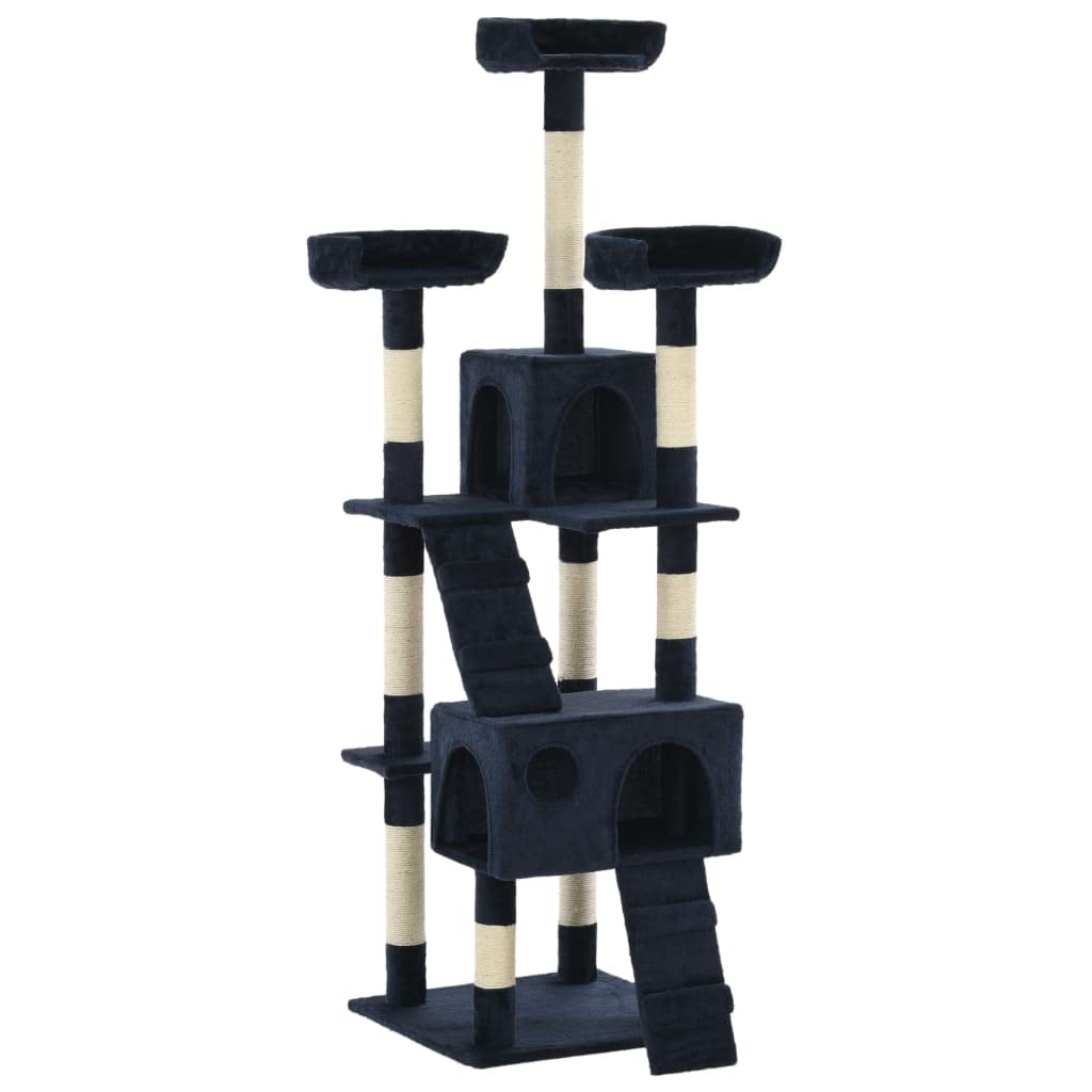 Árbol rascador para gatos de 170 cm de alto, con 2 cuevas y rampas, estable trepador con columnas rascadoras de sisal, cavidades y plataforma de observación, color azul