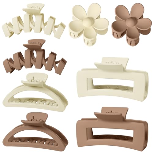 Surtido de 8 pinzas grandes para mujer, pinzas de garra de flores para cabello grueso, accesorios antideslizantes para el cabello con múltiples estilos (Beige/Milk coffee)