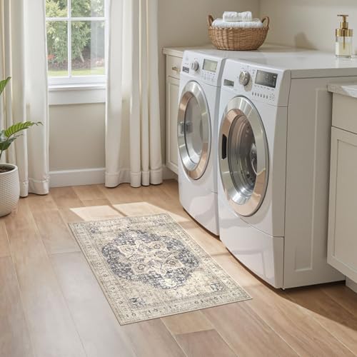 Tortania Area Rug 2x3 Doormat - Washable Vintage Oriental Farmhouse Soft Thin Indoor Carpet for Living Room Bedroom Hallway Entryway Kitchen - Cream/Blue