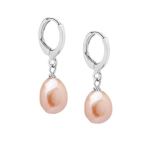 Dainty Elegance Pearl earrings for Women and Girls Baroque Freshwater Pearl Huggie Hoop Earrings (Pink)
