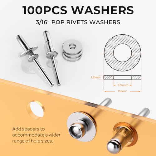 Image of INCLY 200Pcs 3 /16 Inches Pop Rivets Assortment Kit, 5 Sizes Aluminum Pop Rivets 3 /16 inch x 5 /16 inch 3 /8 inch 1 /2 inch 5 /8 inch 3 /4'' and 304 Stainless Steel Washers with Storage Case