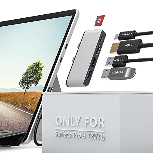 Microsoft Surface Pro 8   Adaptador USB C con HDMI 4K, USB C Thunderbolt 4 (pantalla+carga PD + datos), USB 3.0, USB 2.0, ranura para tarjeta TF, estación de acoplamiento dual monitor (HDMI + USB C