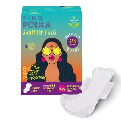 PINQ POLKA Sanitary Pads For Women |10 Pads Regular 240MM |Premium Ultra Thin Medium Flow|Organic Cotton Soft feel Rash Free| Biodegradable Diposable Bags |No leakage| Toxic Free |No Wetness