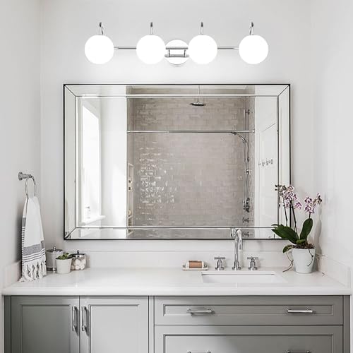 Image of Chrome Mid Century Modern 4-Light Bathroom Light Fixtures Over Mirror, Vanity Wall Sconces With Globe Frosted Milk Glass