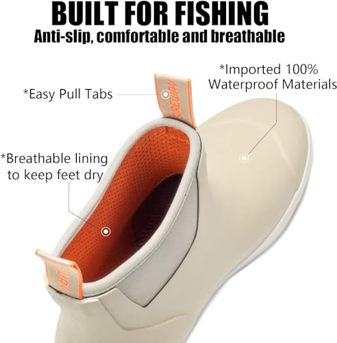 SUREWAY Men's Ankle Fishing Deck Boots for Men-Waterproof,Professional Non-Slip Soles for Wet Slippery Surface,Neoprene Rubber Rain Boot/Shoes for Hunting Boating Gardening,Light Beige,Size 123