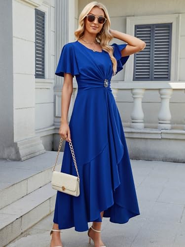 Image of QMZ Wedding Guest Dresses for Women V Neck Cocktail Dress Ruffle Sleeve A Line Evening Party Formal Dresses for Women