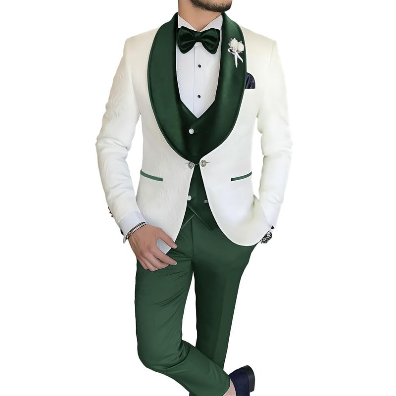 Men 3 Piece Wedding Suit Jacquard Groom Tuxedos with Velvet Shawl Lapel Christmas Prom Party Outfits STXZ036