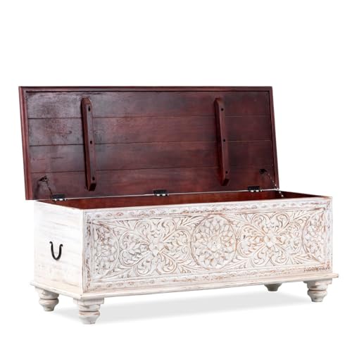 Image of Wifo Solid Wood Coffee Table for Living Room Wooden Trunk Box for Storage | Handcrafted Center Table for Living Room with Sandook Storage | Pitara for Bedroom (White Distress and Brown Top)