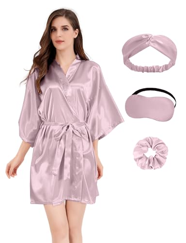 Image of MORFORU Women Bride Bridesmaid Silky Satin Kimono Robe Solid Color Sleepwear for Wedding Party Getting Ready, Short