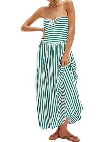 Image of Striped Tube Top Beach Dresses for Women Strapless Pleated Flowy Maxi Dress Summer Party Midi Dresses
