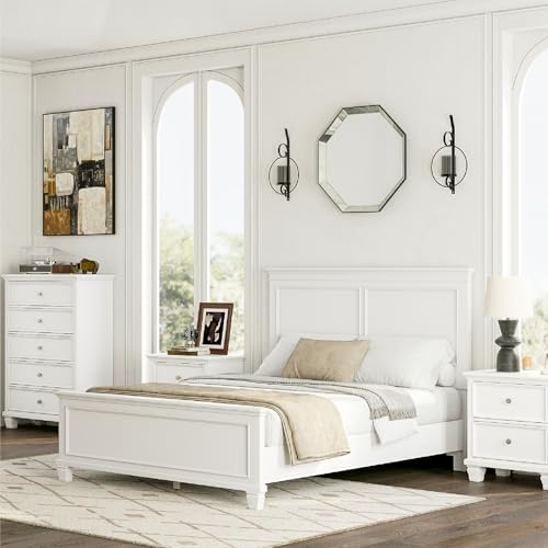 Image of Signature Design by Ashley Fortman White Wood Queen Panel Bed Frame | Modern farmhouse style, Durable hardwood solids and MDF substrate, Adjustable base compatible