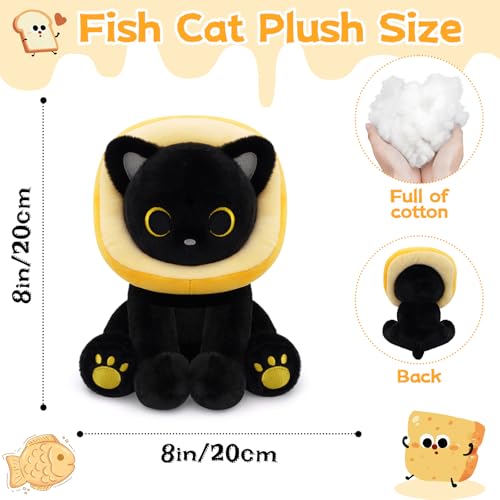 Image of Black Cat Plush - 8inches Cat Stuffed Animal with Toast Bread | Removable Hood, Cute Plushie Soft Kitten Doll Toy for Kids Boys Girls, Birthday Gifts