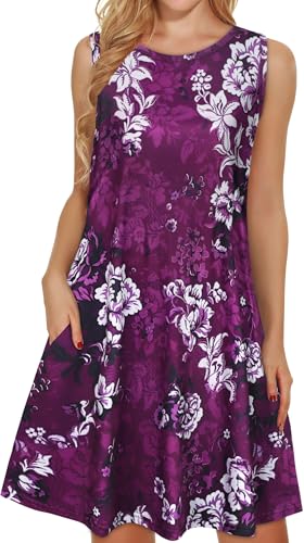 Image of elescat Women's Summer Dresses 2026 Beach Casual Sleeveless Floral Print Tank Loose Sundress with Pocket