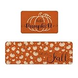 VAKADO Fall Kitchen Orange Pumpkin Mats Rugs Set of 2,for Decor Home Thanksgiving Floor Door Decorations Stain Fade Resistant Non-Slip Rubber Backing Rug(17x29 Inch,17x47 Inch)