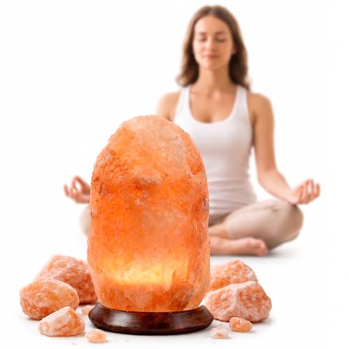 HAF Rosa Salzlampe aus echtem Kristallsalz | 7-9 kg Salzkristalllampe in Naturform | Salzsteinlampe auf Holzsockel aus der Salt Range Punjab | Dekorative Nachttischlampe für Wellness & Meditation