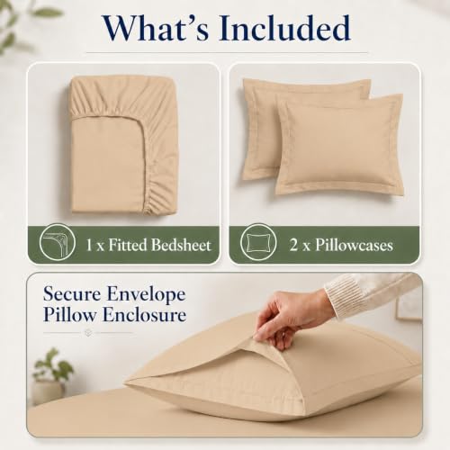Image of LANE LINEN 100% Organic Cotton Fitted Bedsheet for Double Bed - Linen | GOTS Certified, Percale Weave, 78x60 inches, Fits Upto 12 inch Mattress, Soft, Breathable, Washable, 2 Pillow Covers