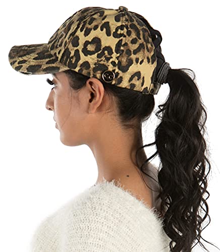 Criss Cross Ponytail Hat W/Buttons - Leopard #TOP1