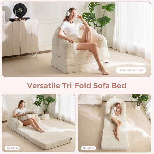 Image of MAXYOYO Folding Sofa Bed, 2 in 1 Convertible Sofa to Lounger Comfy Single Bean Bag Chair for Adults, Floor Couch with Handle, Faux Fur Couch Bed for Living Room Bedroom, Beige