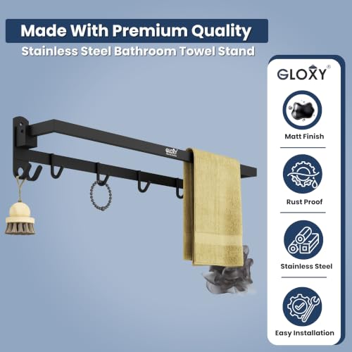 Image of Gloxy Premium 24 Inch Towel Holder in Bathroom with Hooks Combo Pack of 3 - Stainless Steel With Black Matte Finish Towel Rod for Bathroom - Rust Resistant Bathroom Clothes Holder - Bathroom Accessory