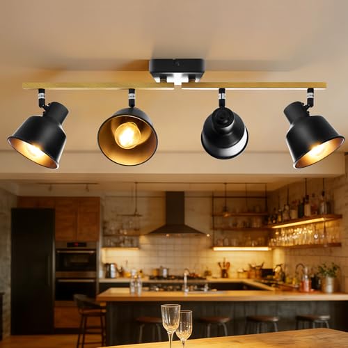 Aulaiyi Deckenstrahler 4 Flammig Schwenkbar 350 Vintage Deckenspots E14 Fassung Industrial Holzmaserung light für Küche Wohnzimmer Schlafzimmer Schwarz (Ohne Leuchtmittel)