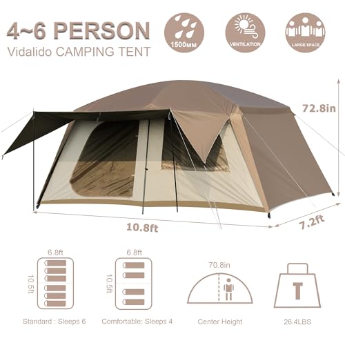 Vidalido 4-6 Person Camping Tent with 3 Door 2 Room Large Family Cabin Tents, Double Layer Waterproof Portable Glamping Tent, Big Tents for Outdoor Camping Hiking and Backpacking - Image 5