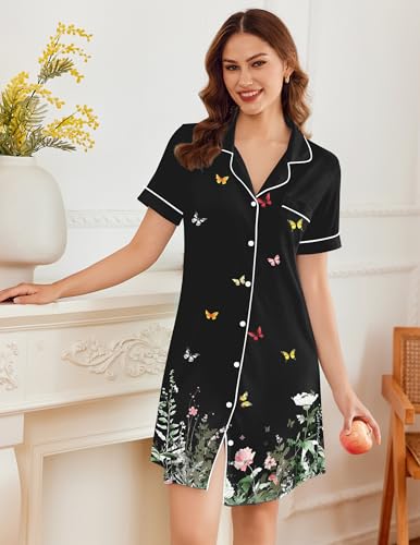 Image of Ekouaer Nightgowns for Women Button Down Sleepshirt Short Sleeve Nightshirt Boyfriend Pajamas V Neck Nightdress S-XXXL