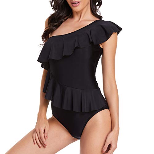 Smismivo One Piece Bathing Suit For Women With Ruffles One Shoulder Tummy Control Swimsuit Asymmetric Flounce Curvy Swimwear Black #TOP4