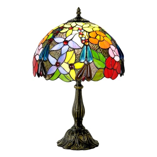 Msrzuds Tiffany Style Stained Glass Table Lamp, Floral Pattern Desk Light with Antique Bronze Resin Base, Colorful Roses Decorative Lighting for Bedroom, Living Room, Office 12X12X19 Inch