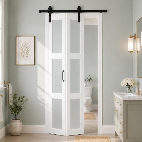Image of Bifold Frosted Glass Barn Door 36 inchx84 inch with Hardware Included