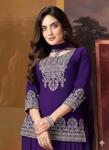 Image of Xomantic Fashion Womens Purple Color Embroidered Georgette Palazzo Salwar Kameez