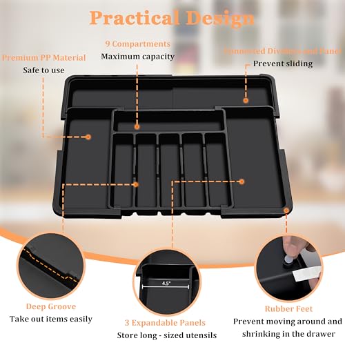 Silverware Organizer Expandable Kitchen Utensil Drawer Organizer Large BPA Free Adjustable Cutlery Silverware Tray for Spoons Forks Knives Storage Divider for Kitchen Flatware 6-9 Slots Black