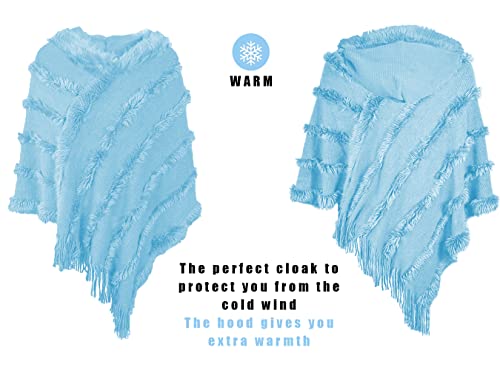 Elegante Maglione Poncho Donna Invernale Poncho con Cappuccio Mantella Scialle Uncinetto con Strisce di Peluche e Franges Scialle della Moda Monocromo Irregular Moda Giovane Top