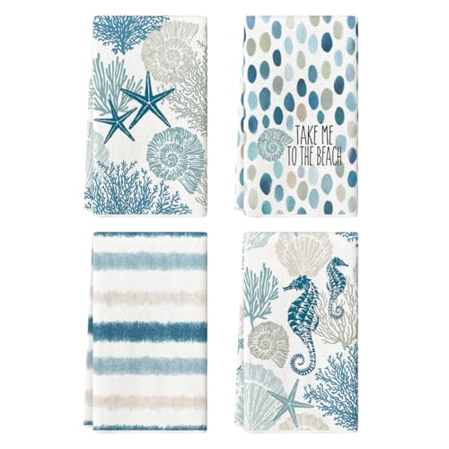 Artoid Mode Stripe Coral Starfish Seahorses Whelks Summer Kitchen Towels Dish Towels 18x26 Inch Farmhouse Decoration Hand Towels Set of 4