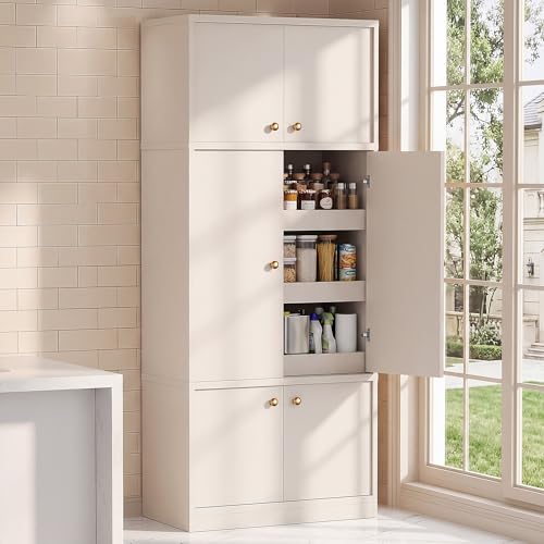 Image of 71 Inch Tall Kitchen Pantry Cabinet with Pull Out Drawers, Modular Concealed Storage Hutch, Expandable Wall System, Heavy Duty Thickened Panels, Freestanding Kitchen Organizer, White