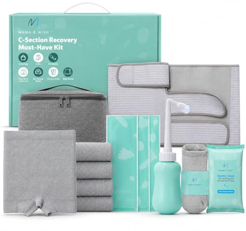Mama & Wish C-Section Recovery Kit Postpartum Essentials C Section 12-Pc: Belly Binder Silicone Scar Patches Peri Bottle Disposable Underwear Wipes Grip Socks & Toiletry Bag