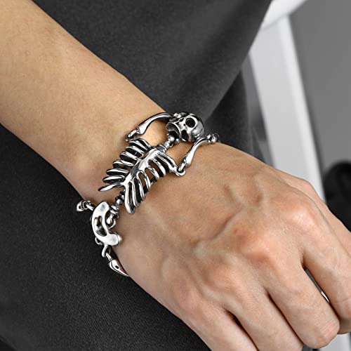 U7 Gothic Skull Bracelets for Men Women, Stainless Steel/18K Gold Plated/Silver Black Punk Skeleton Head Chain Bracelet Party Accessories for Rapper Biker3